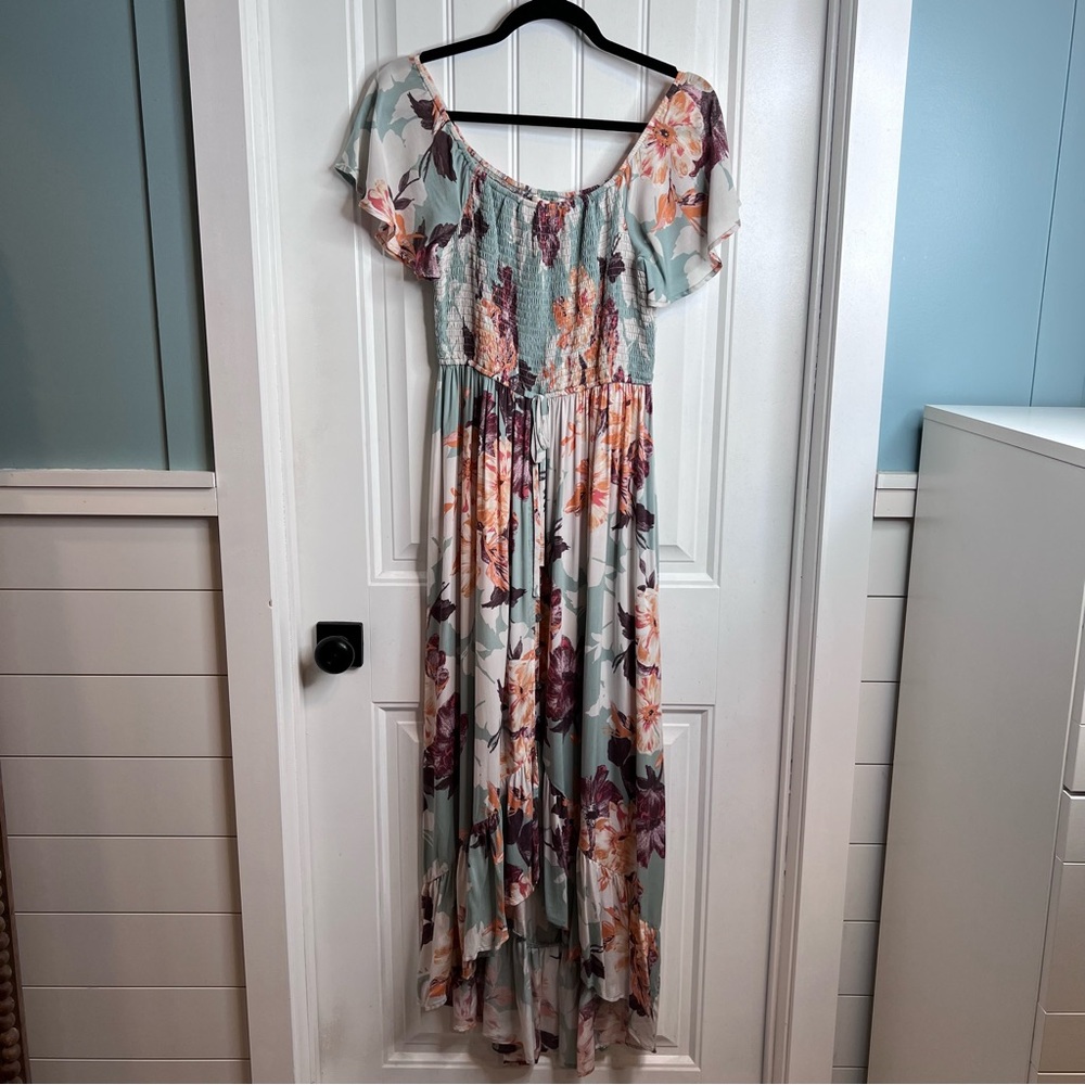 Band of Gypsies Floral Off the Shoulder Smocked High Low Midi Dress. Size Medium